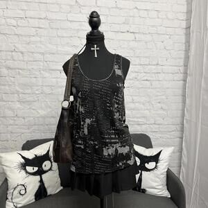 Maison Scotch black tank with grey abstract print indie sleaze grunge size 2 S